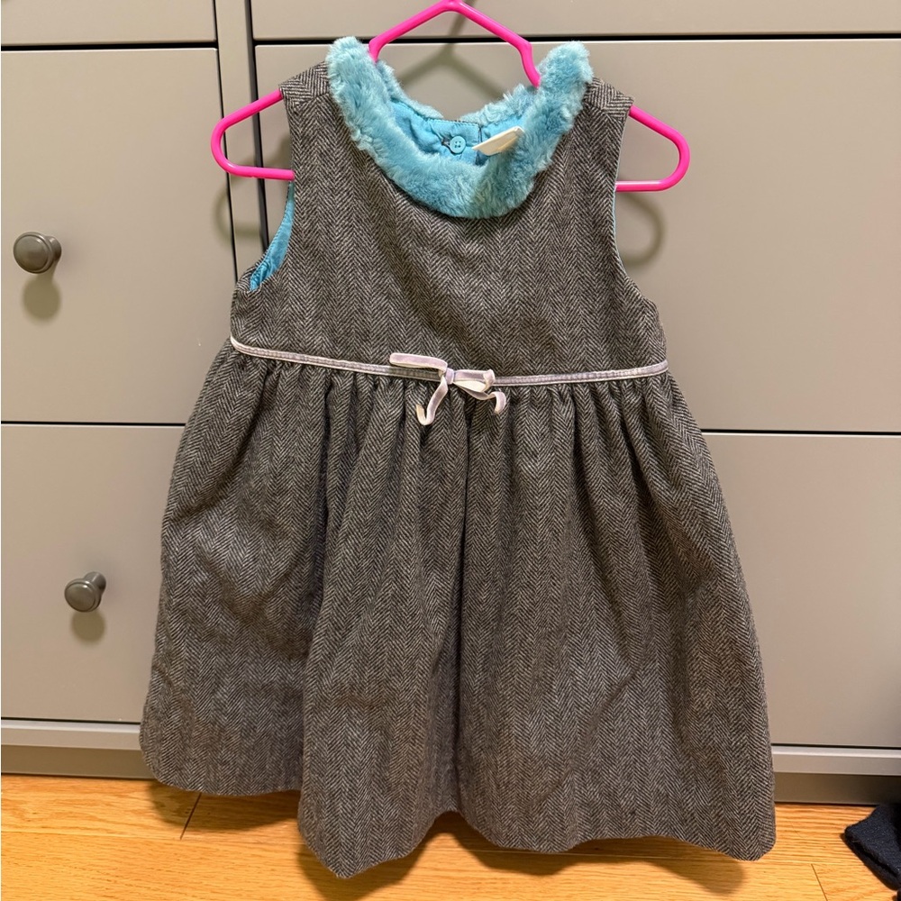 Vintage Baby GAP Gray Wool Holiday Dress with Blue Fur Collar